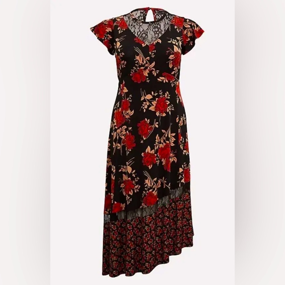 Torrid Midi Studio Knit Asymmetrical Dress, Rose and Lace, Size 4